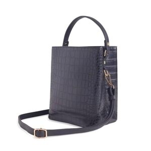 AOTA Elena Bucket Bag Black Vegan Leather Croc Embossed Top Handle NWT